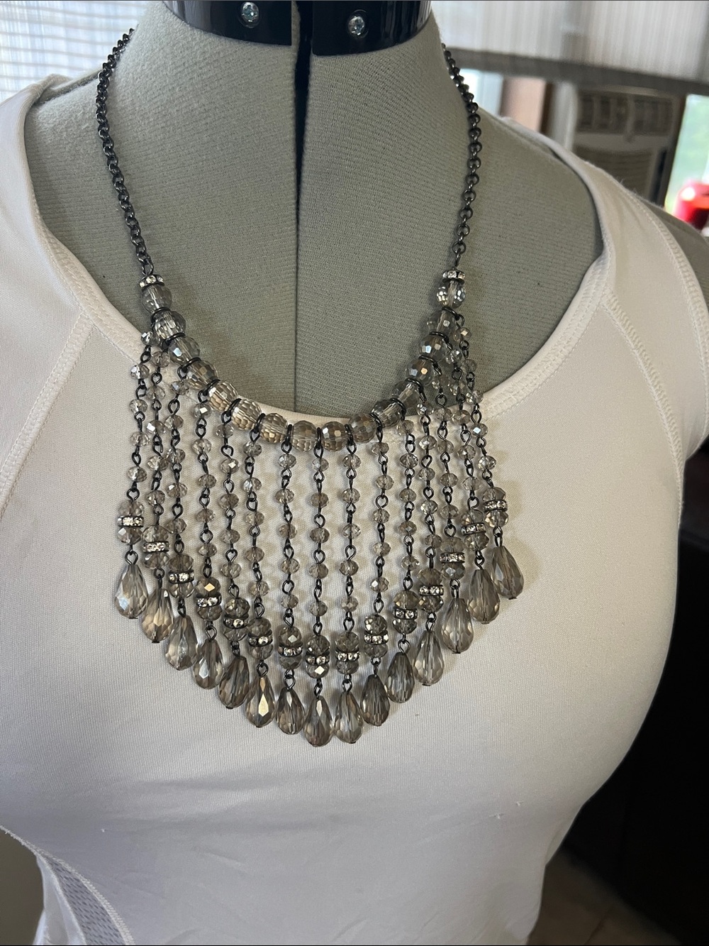 Gunmetal Cascade Teardrop Fringe Necklace - Smoky Taupe